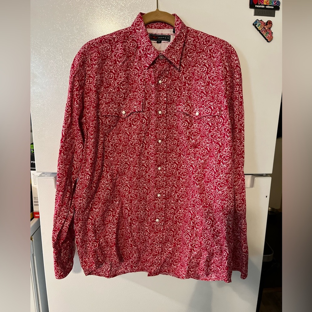 ROPER Western PEARL Snap Cowboy SHIRT Medium Berry Red Mini Floral Print